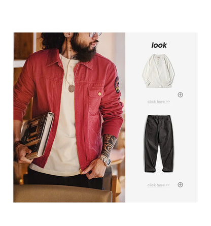 Maden New Vintage Heavy-Duty Letter Embroidered 12MJZ Jacket Red Slim-Fit Canvas Lapel Coat Men's Spring Zip-Up Casual Outerwear