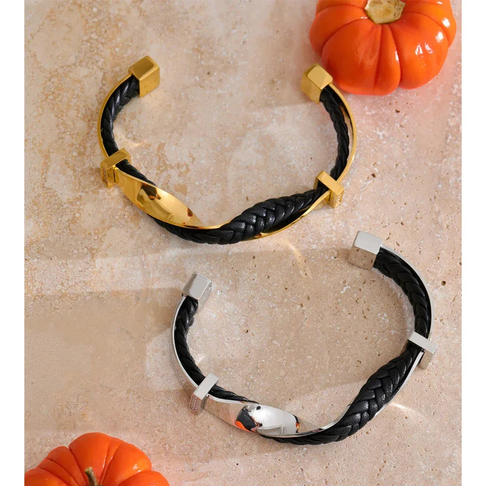 68mm Black Leather Stainless Steel Twisted Cuff Bracelet - ShopHub