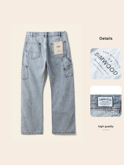 SIMWOOD 2026 Spring Summer New Loose Relax Logging Jeans Men 11oz Fabric Cargo Denim Trousers
