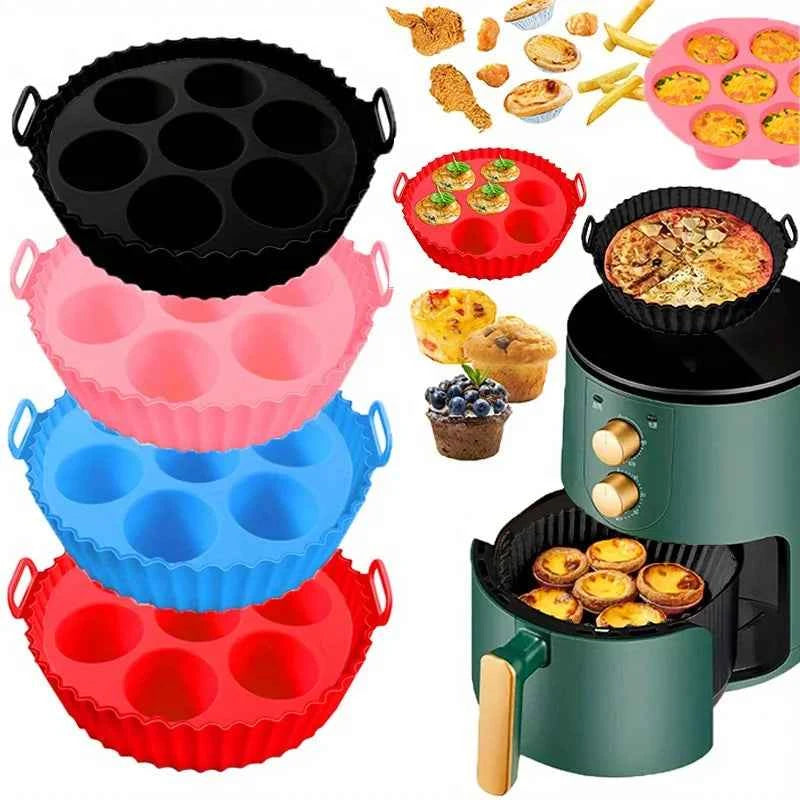 7-Cavity Silicone Air Fryer Set - 2PC Nonstick Cake Mold & Basket Fit 0.92-1.53L, Dishwasher Safe Baking/Roasting