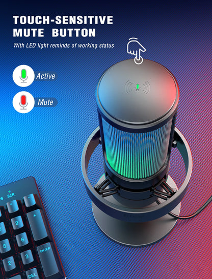 FIFINE USB microphone for recording and streaming, with a sleek black design and adjustable stand on a desk setup.