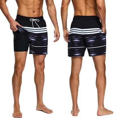 Men's ShopHub NZ 2-in-1 summer boardshorts with side zipper pocket, polyester fabric, long lining, suitable for gym and swimming.