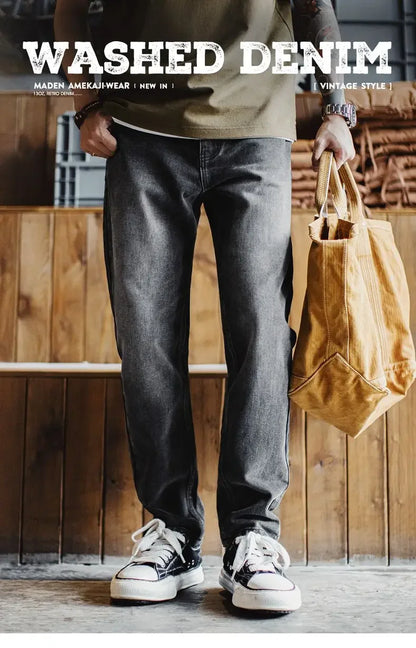 Maden Vintage 13oz Heavyweight Washed Gray Denim Jeans Men's Straight Leg Tapered Pants Casual Trousers for Spring and Fall