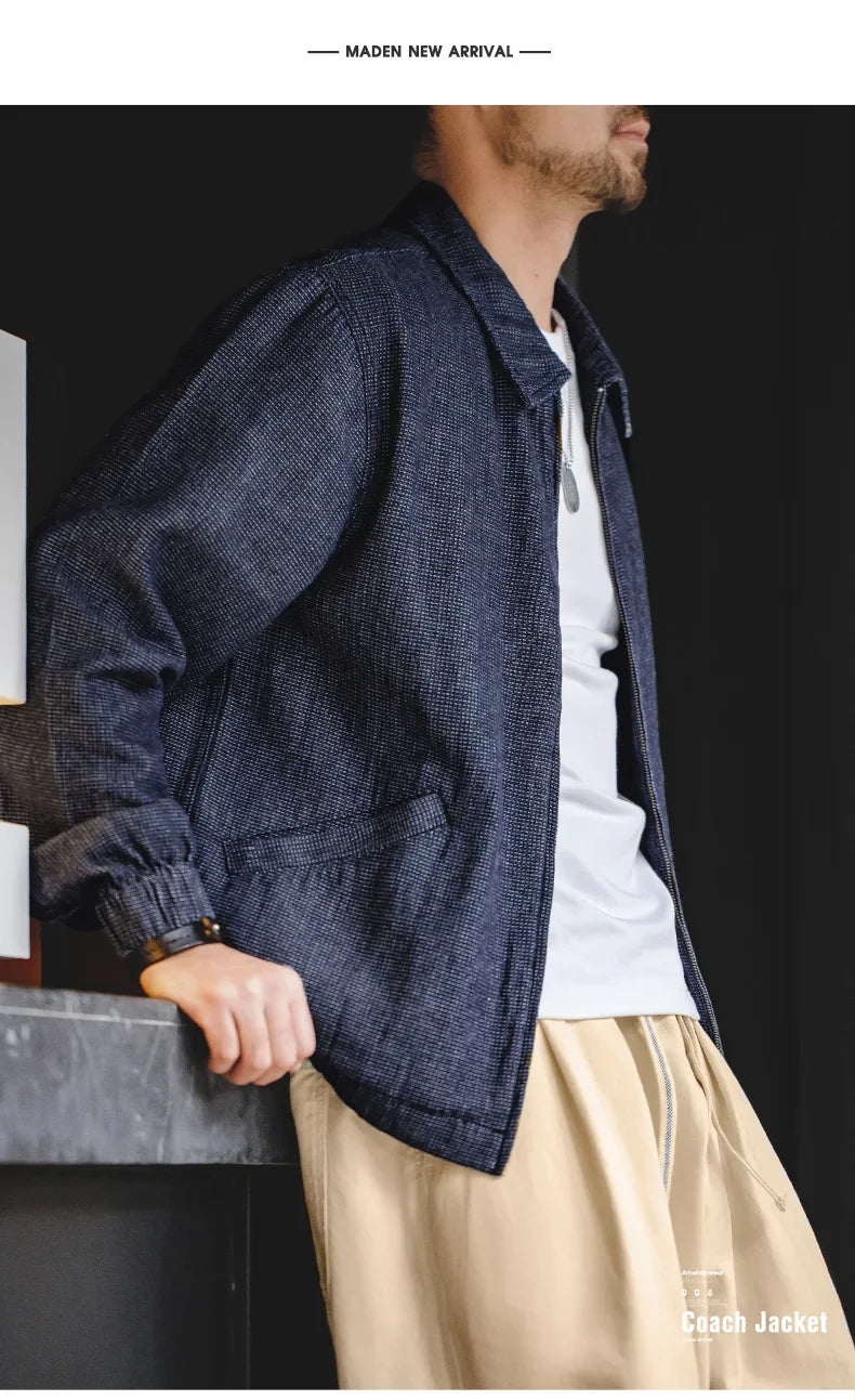 Maden New Vintage Denim Jacket Loose Fit Lapel Zipper Jacket for Men’s Spring and Autumn Fashion Short Blue Versatile Coats