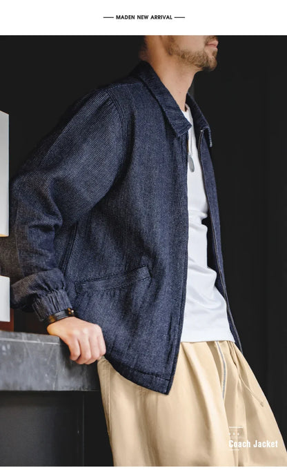 Maden New Vintage Denim Jacket Loose Fit Lapel Zipper Jacket for Men’s Spring and Autumn Fashion Short Blue Versatile Coats