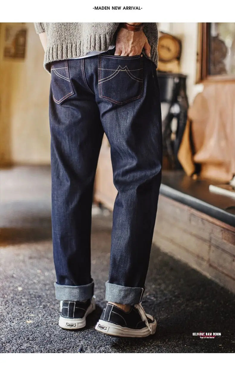 Maden Men's 100% Cotton Vintage Selvedge Raw Denim Jeans