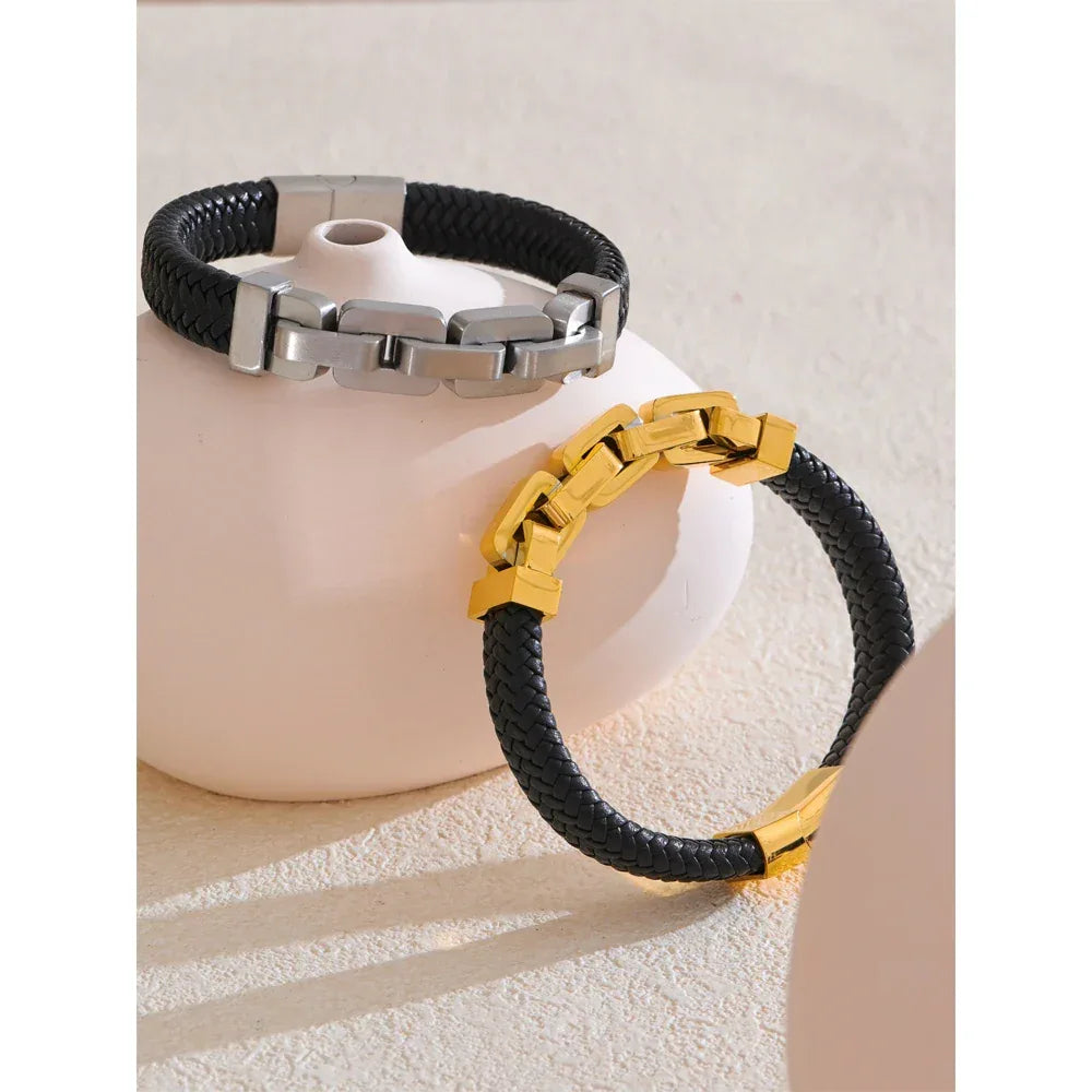 18K PVD Plated Stainless Steel Metal Chain Leather Handmade Men's Bracelet Bangle - ShopHub