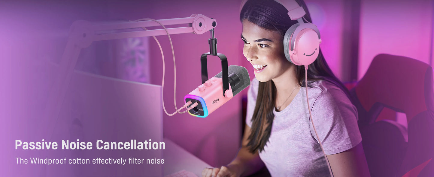 FIFINE USB/XLR gaming microphone on a desk, ideal for streaming and recording, with a sleek black design and adjustable stand.