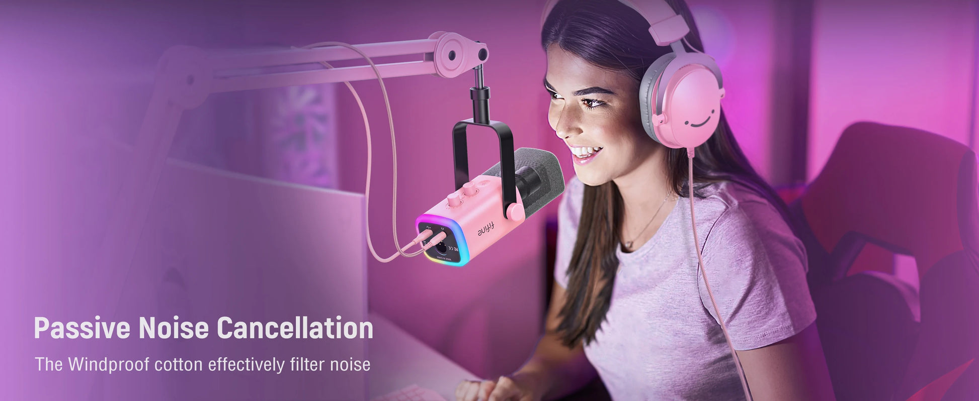 FIFINE USB/XLR gaming microphone on a desk, ideal for streaming and recording, with a sleek black design and adjustable stand.