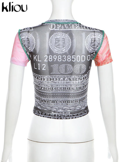 kliou Mesh Panlled Fashion Print Tees Women Summer Short Sleeve O-neck Slim Fit Sheer Crop Top Girls All-matched Street Clothing