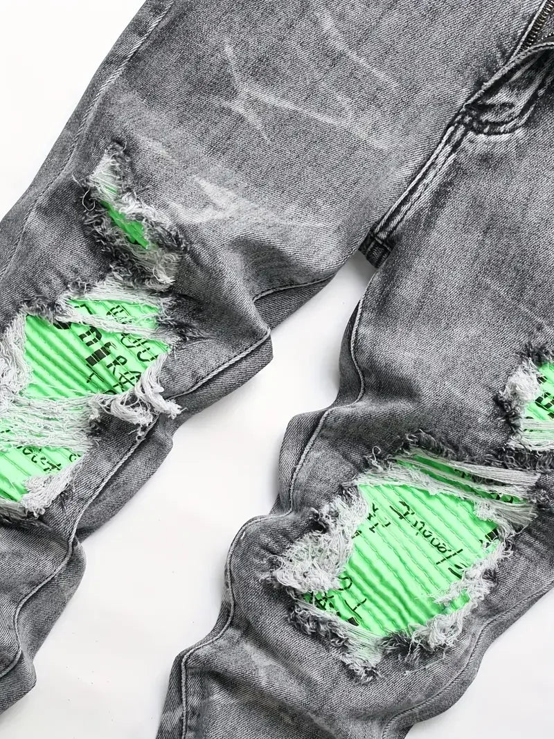 Men's Skinny Jeans With Patchwork Holes - ShopHub