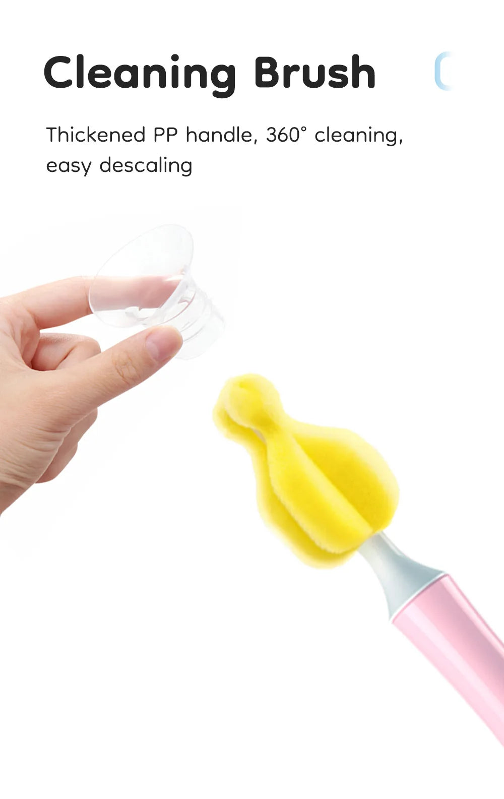 Cleaning brush with thick PP handle and pink and yellow design, held by a hand wearing a glove.