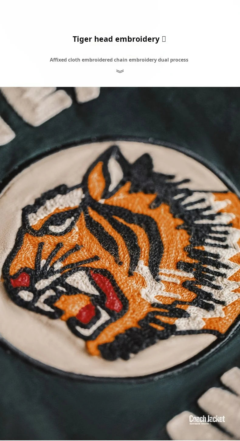 Maden Men's Vintage Tiger Embroidery Jacket Heavyweight Cotton Zip-Up with Lapel Collar Green Casual Overcoat for Spring Fall