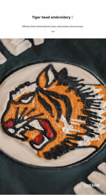 Maden Men's Vintage Tiger Embroidery Jacket Heavyweight Cotton Zip-Up with Lapel Collar Green Casual Overcoat for Spring Fall