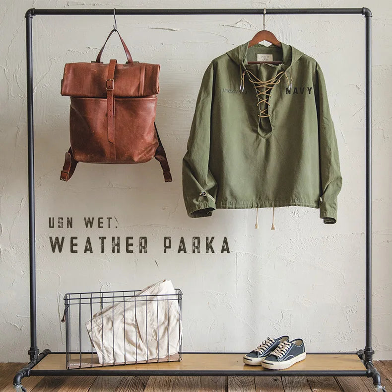 Maden Retro Green Deck Jacket Hooded Sweatshirt wtih Drawstring Collar Cuffs Adjustable Design Windbreaker Pullover for Men