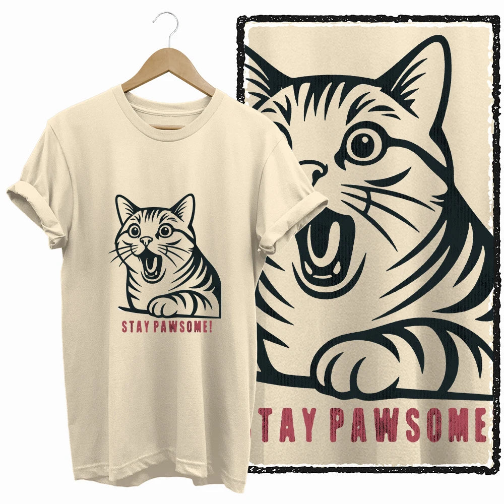 COOLMIND 100% Cotton Beige Cat Print Exclusive Graphic Women T Shirt Big Size Loose Cotton Cat Lover Women T Shirt Lovely Cat Te