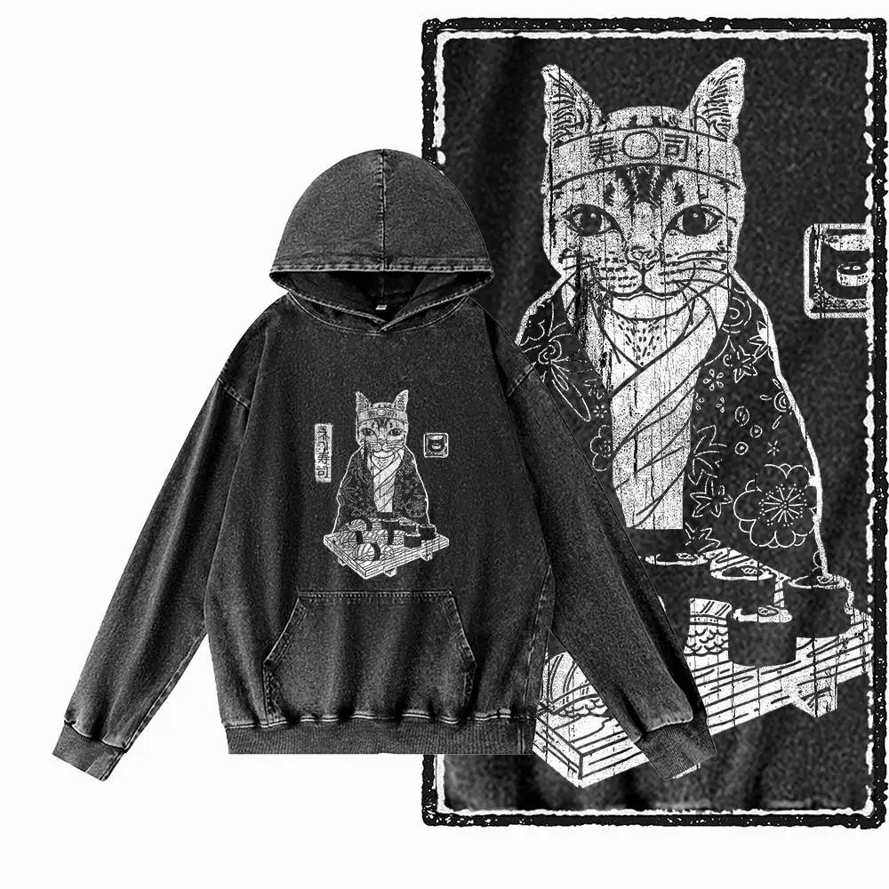 Night Prowler Cat Graphic Acid-Washed Black Hoodie