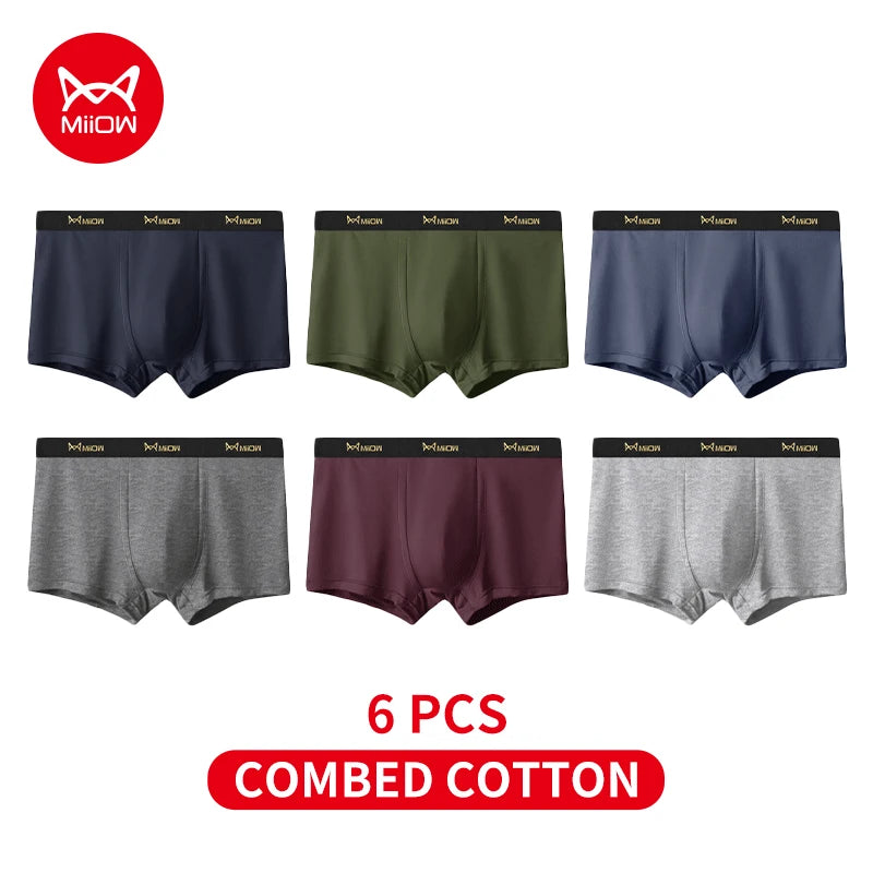 MiiOW 6Pcs Men's Cotton Underwear - Soft Antibacterial Breathable Boxer Briefs with Cotton Crotch