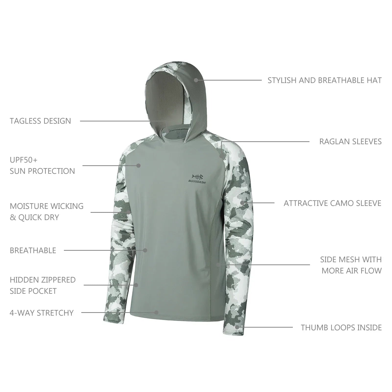 BASSDASH Men’s UPF 50 Performance Fishing Shirt Cooling Hoodie