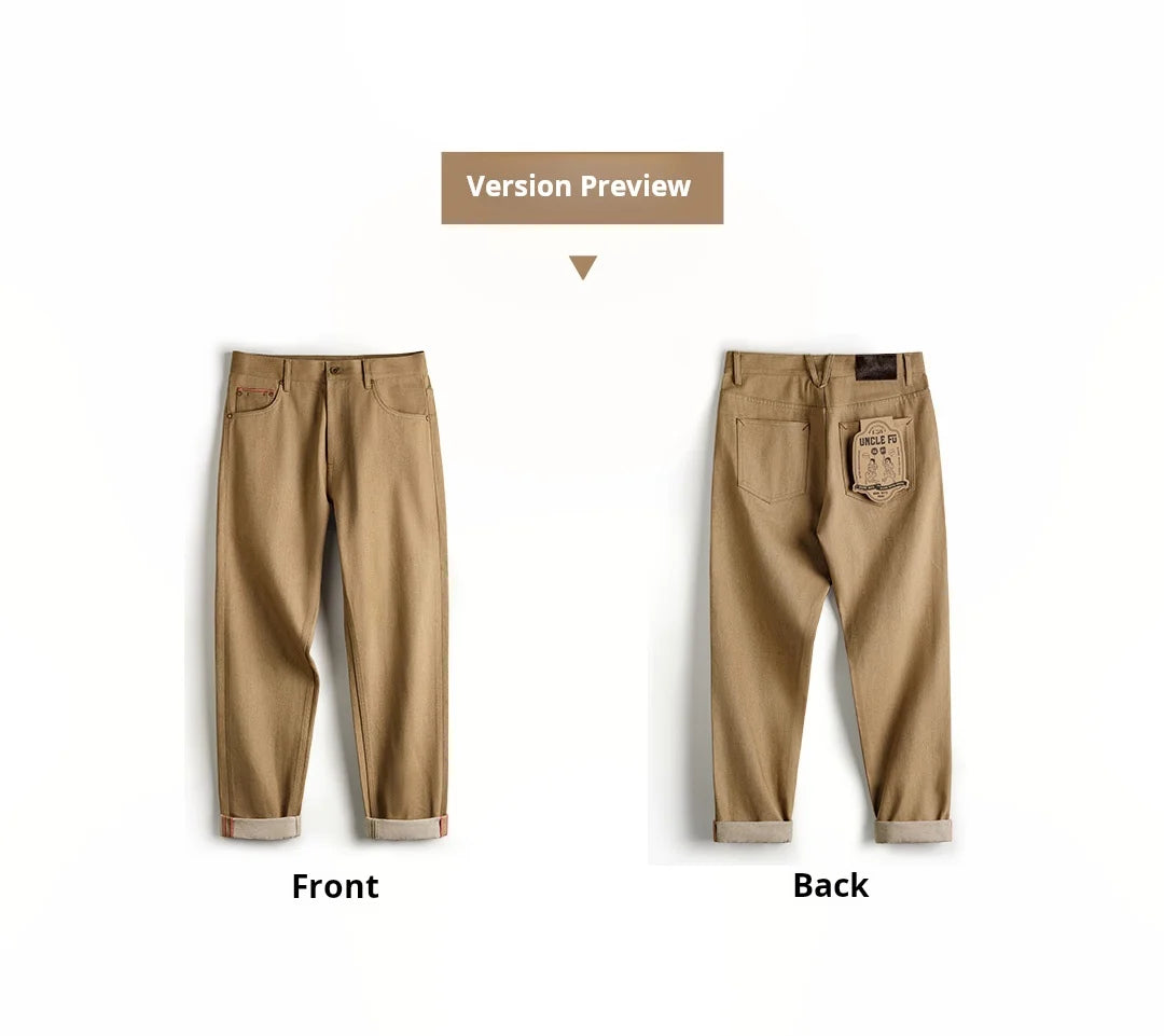 Maden Men‘s Khaki 11.7oz Selvedge Raw Jeans Vintage Straight-Leg Cowboy Pants Casual Zip Fly Cotton Trousers for Spring Autumn