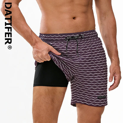 Men's ShopHub NZ DATIFER 2026 beach shorts with classic print, elastic waist, 2-in-1 design, suitable for swimming and sports.