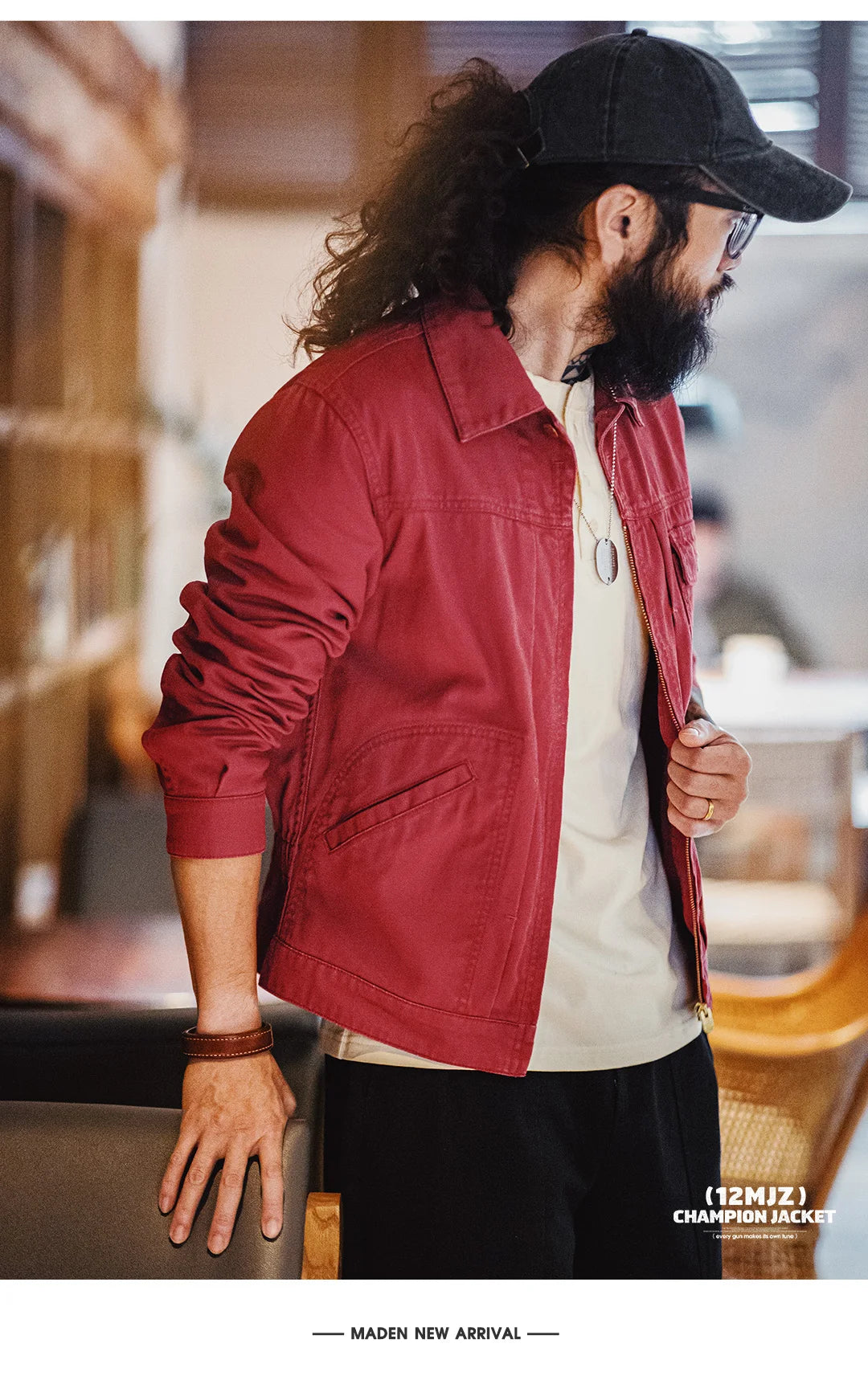 Maden New Vintage Heavy-Duty Letter Embroidered 12MJZ Jacket Red Slim-Fit Canvas Lapel Coat Men's Spring Zip-Up Casual Outerwear