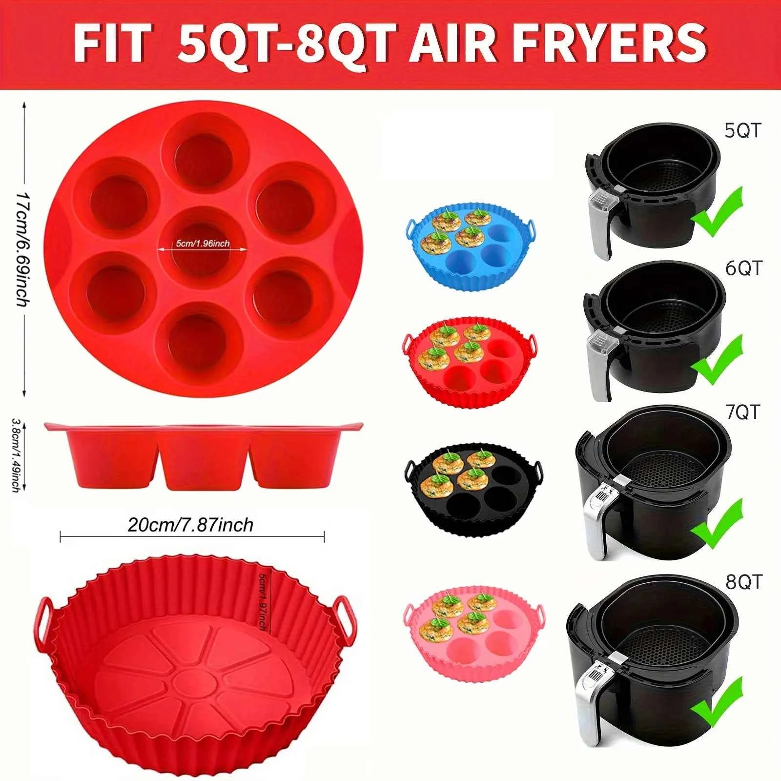 7-Cavity Silicone Air Fryer Set - 2PC Nonstick Cake Mold & Basket Fit 0.92-1.53L, Dishwasher Safe Baking/Roasting