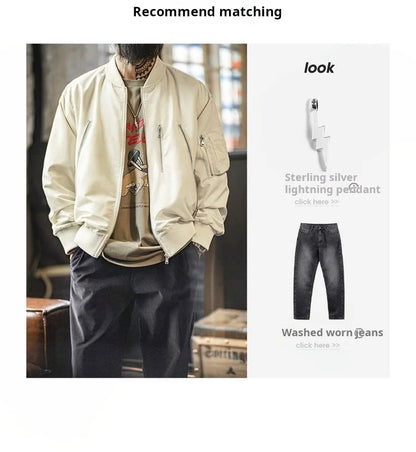 Maden Men's Vintage L2B Pilot Jacket White Lightweight Flight Bomber Jacket Short Zip-Up Casual Baseball Coat for Spring Autumn
