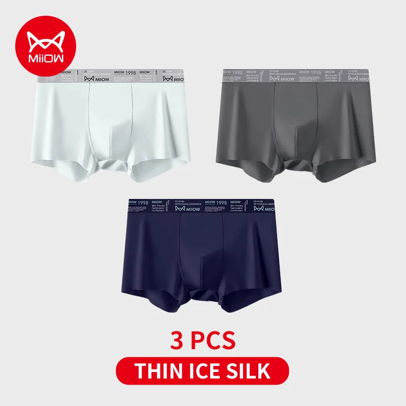MiiOW Ice Silk Men Underwear - 3Pcs Ultra-thin Breathable Antibacterial Boxer Shorts