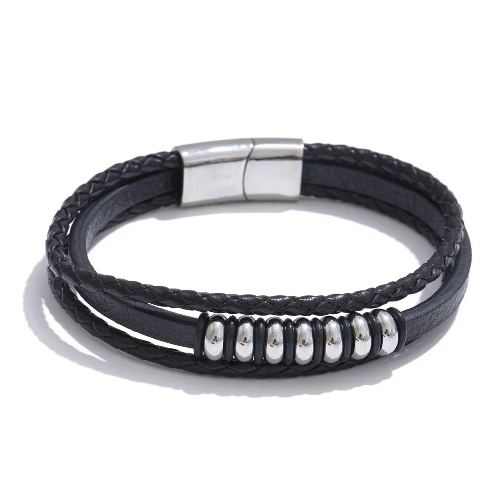 Stylish Black Fibre Leather Layered Men's Wrist Bracelet Bangle - ShopHub