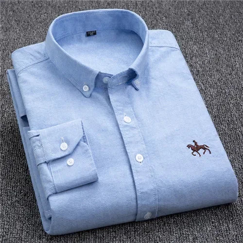 Casual Cotton Oxford Shirts for Men - Long Sleeve Regular Fit White Dress Shirt