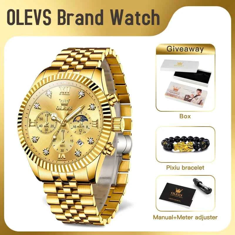 OLEVS 2932 Mens Luxury Watch - Original Brand Calendar Quartz Moon Phase Multifunctional Chronograph for Men Gifts