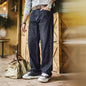 Maden Men's Vintage 12oz Washed Denim Jeans Straight Wide Leg Blue Trousers Loose Fit Zip Fly Casual Pants for Fall and Winter