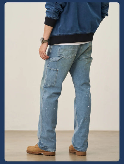 SIMWOOD High Standard 2026 Autumn New Loose Relax 12oz Fabric Denim Logger Pants Men Outdoor Workerwear Paint Splatter Jeans
