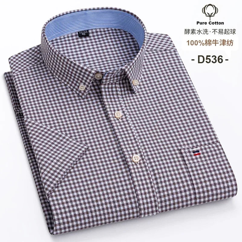 100% Cotton Men's Breathable Cotton Plaid Shirt - Short Sleeve Oxford Summer Striped Regular Fit Oversized Clothing