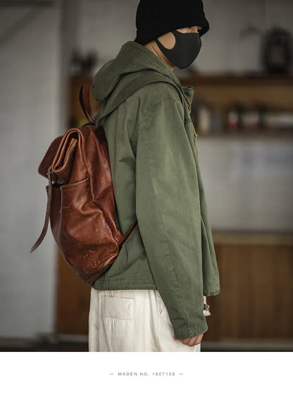 Maden Retro Green Deck Jacket Hooded Sweatshirt wtih Drawstring Collar Cuffs Adjustable Design Windbreaker Pullover for Men