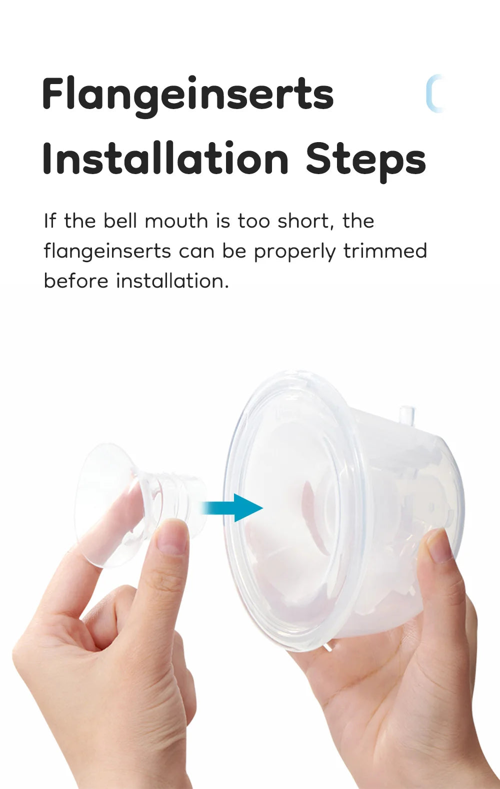 Hands holding a flangeinsert and a container with text about installation steps.
