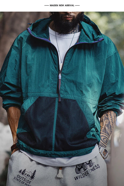 MADEN Gorpcore Half-zip Hooded Jacket Men Lightweight Relaxed Oversized Light Outdoor Utility Workwear Casual Spring Autumn