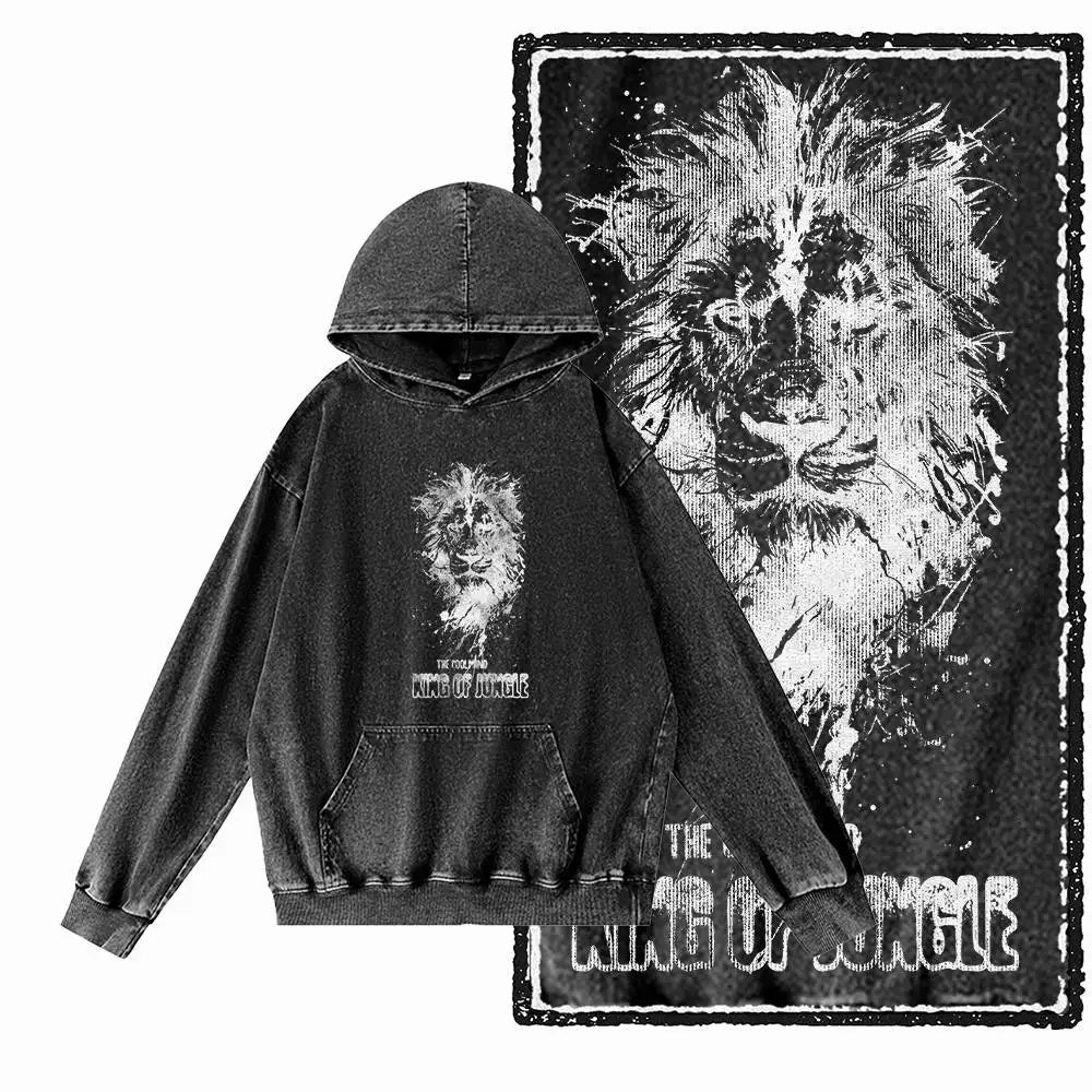COOLMIND Lion Graphic Pullover | Acid-Washed Black