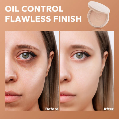 Before and after comparison of a woman's face with oil control product application.