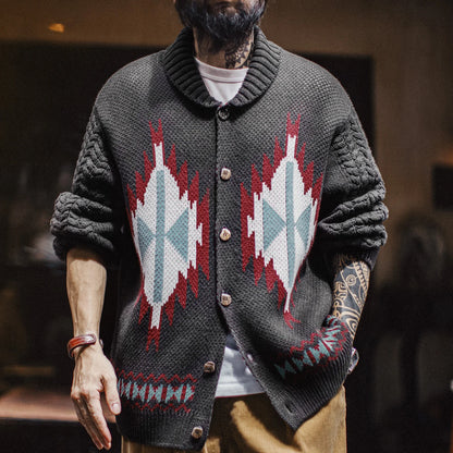 MADEN Retro Jacquard Shawl-Collar Cardigan