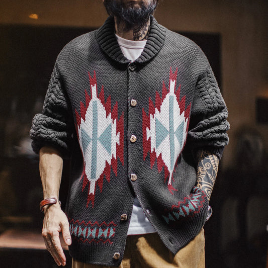 MADEN Retro Jacquard Shawl-Collar Cardigan