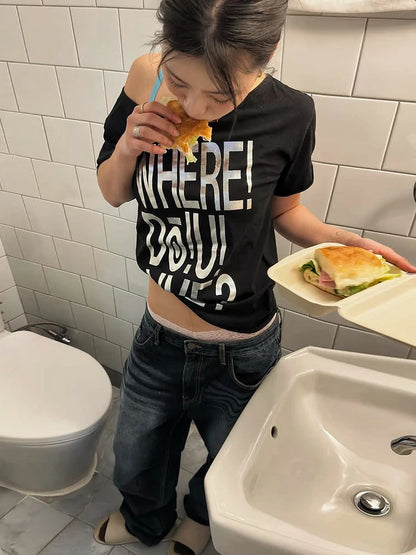 Kliou Casual Fashion T-Shirt Woman Letter Print Skew Collar Off Shoulder Short Sleeve Summer New Style Basic Simple Classic Tees