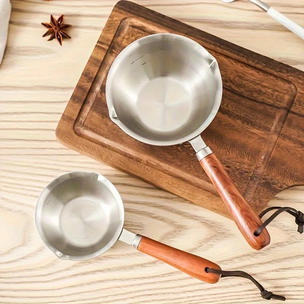 2Pcs Stainless Steel Kitchen Tools Set, 10oz Pot with Wood Handle & Cake Spatula, Durable Daily Kitchen Accessories