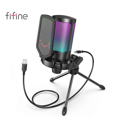 FIFINE USB gaming microphone on a desk, black, with adjustable stand, designed for streaming and gaming audio recording.