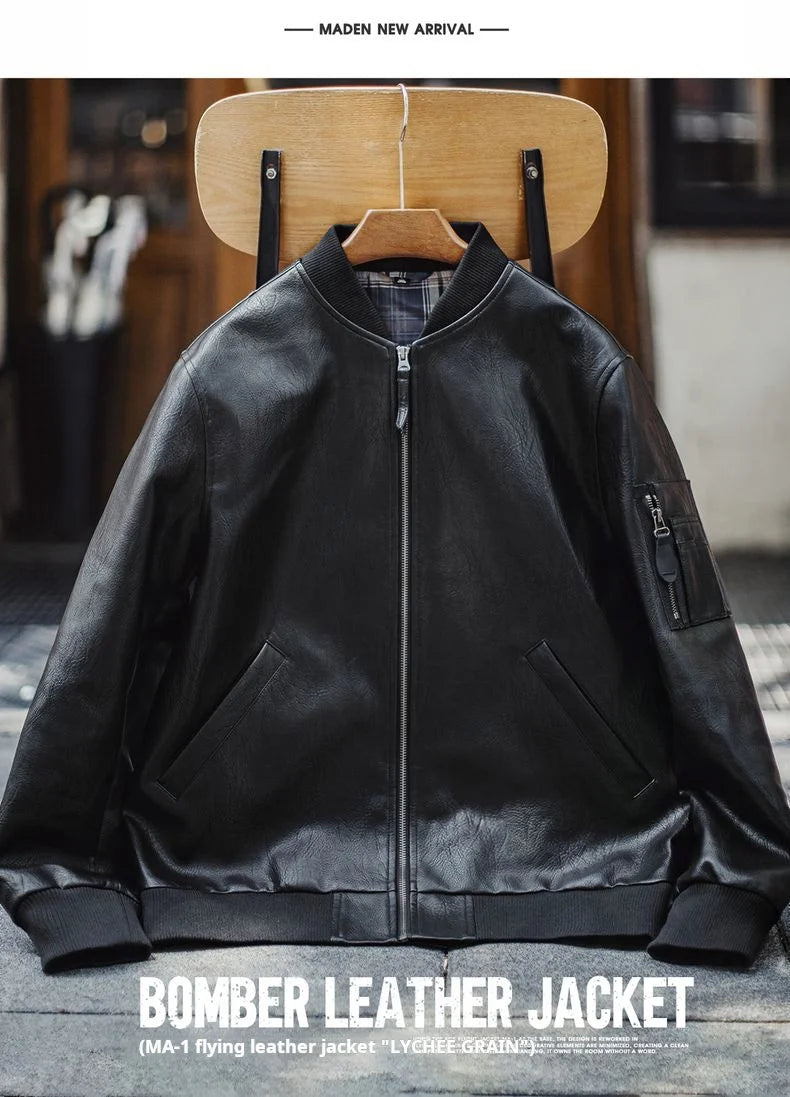 Maden Vintage Men's MA1 Leather Jacket Black Pilot Bomber Jacket Short Zip-up Pocket Baseball Coat Outerwear for Fall Streetwear