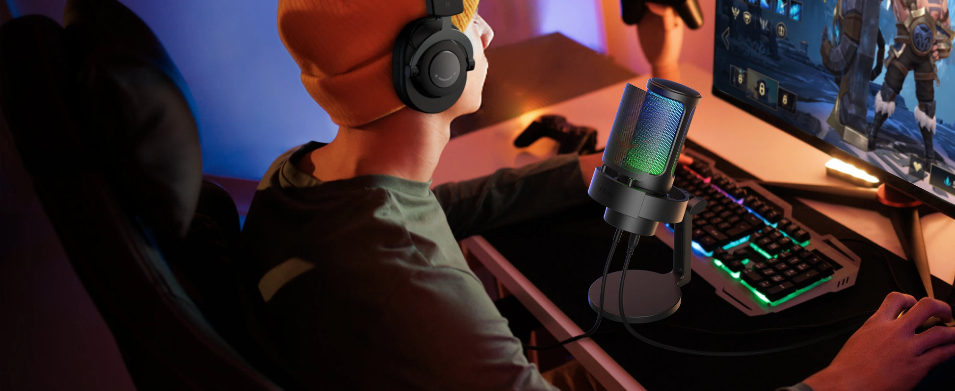 FIFINE USB microphone for recording and streaming, featuring sleek black design and adjustable stand on a desk setup.