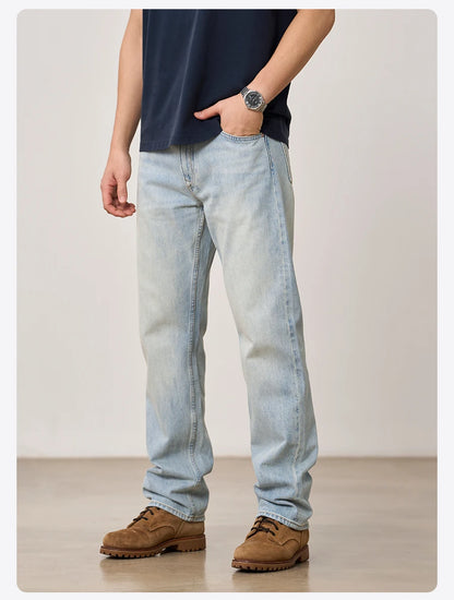 SIMWOOD 2026 Autumn Winter New Loose Straight 13oz 100% Cotton Fabric Jeans Men Washed Vintage Classical Denim Trousers