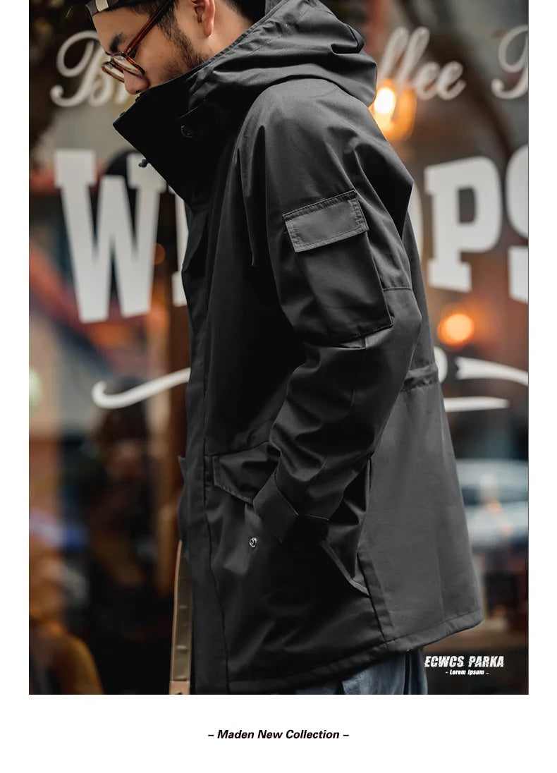 Maden Outdoor Sports Hooded Jacket for Men Black Windbreaker Motorcycle Style Mid-length with Multi-pockets Coat for Autumn
