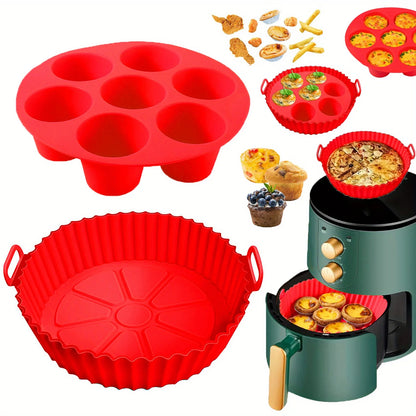 7-Cavity Silicone Air Fryer Set - 2PC Nonstick Cake Mold & Basket Fit 0.92-1.53L